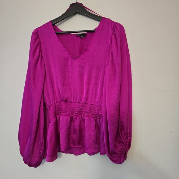 1. State Tops - 1. State Magenta V-Neck Satin Peplum Blouse